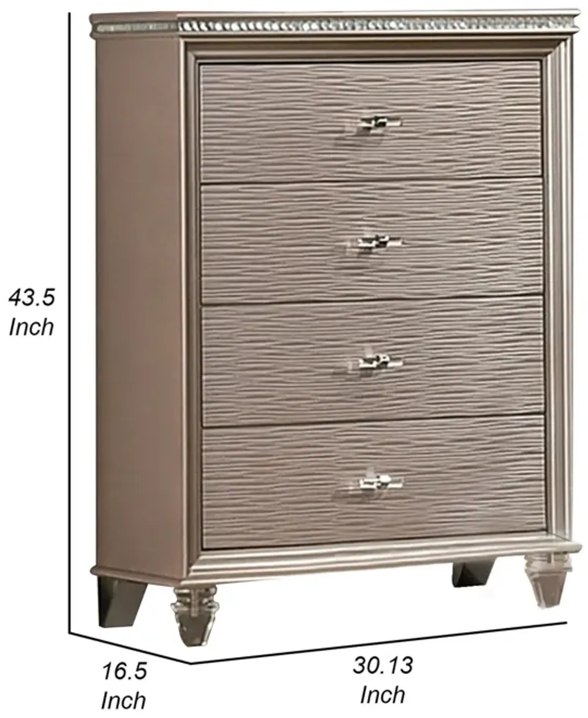 Jisoo 44 Inch Tall Dresser Chest, Textured Drawers, Crystal Accents, Gold - Benzara