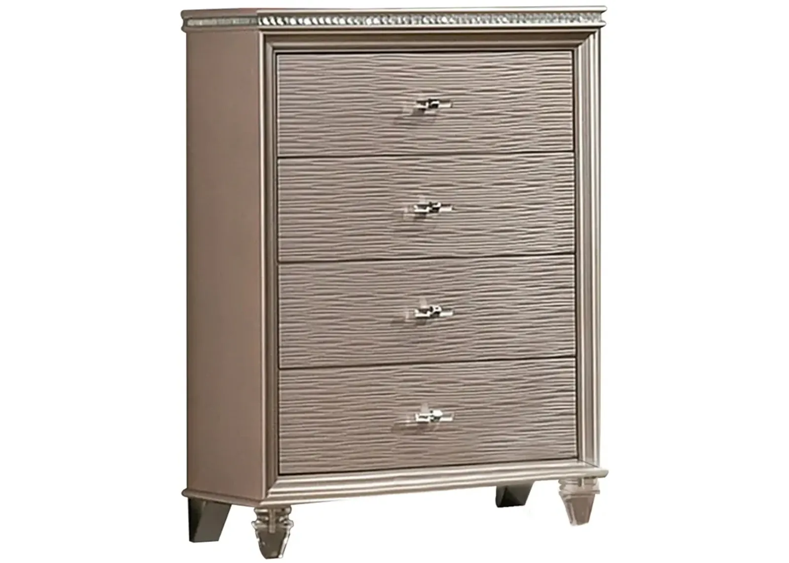 Jisoo 44 Inch Tall Dresser Chest, Textured Drawers, Crystal Accents, Gold - Benzara