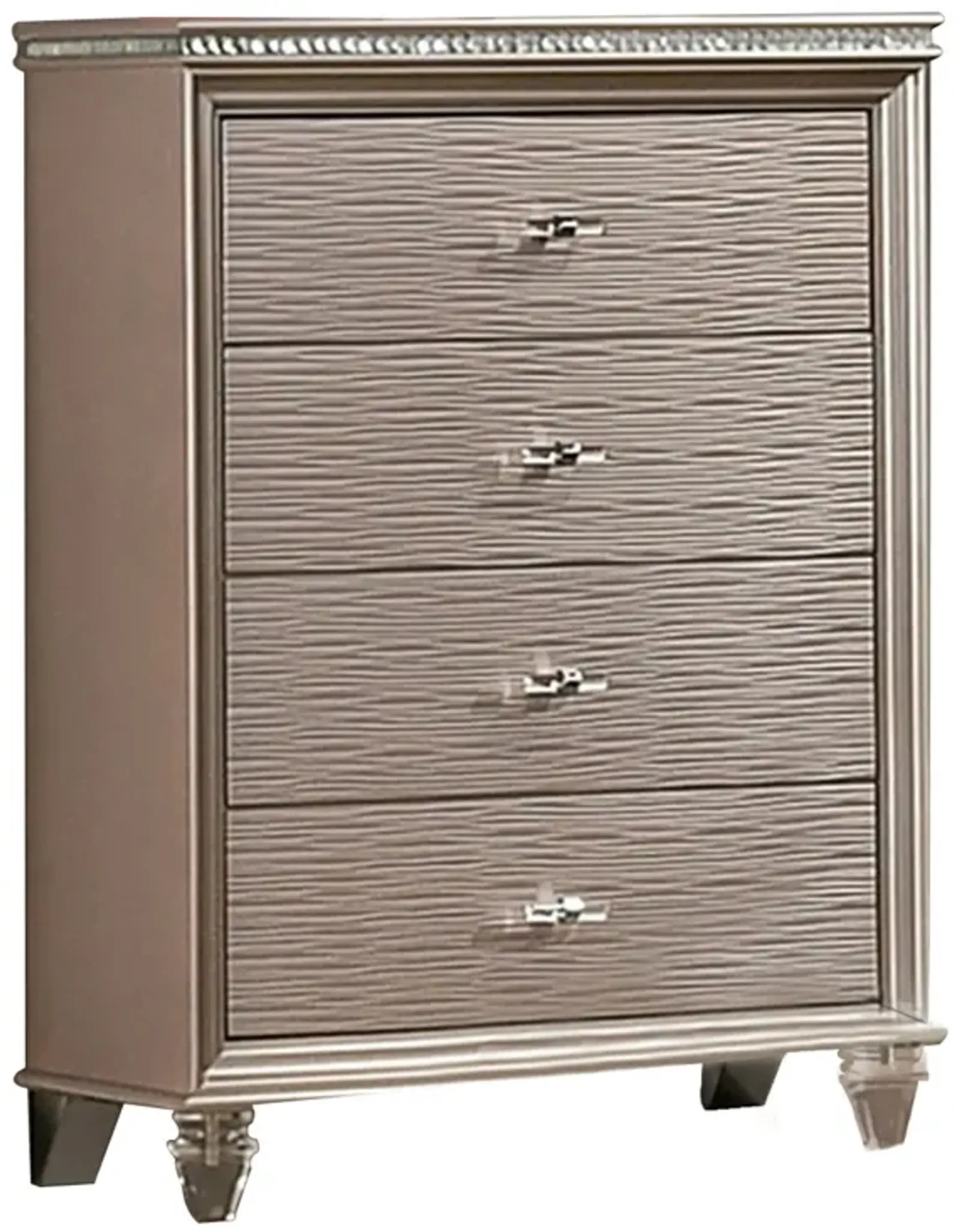 Jisoo 44 Inch Tall Dresser Chest, Textured Drawers, Crystal Accents, Gold - Benzara