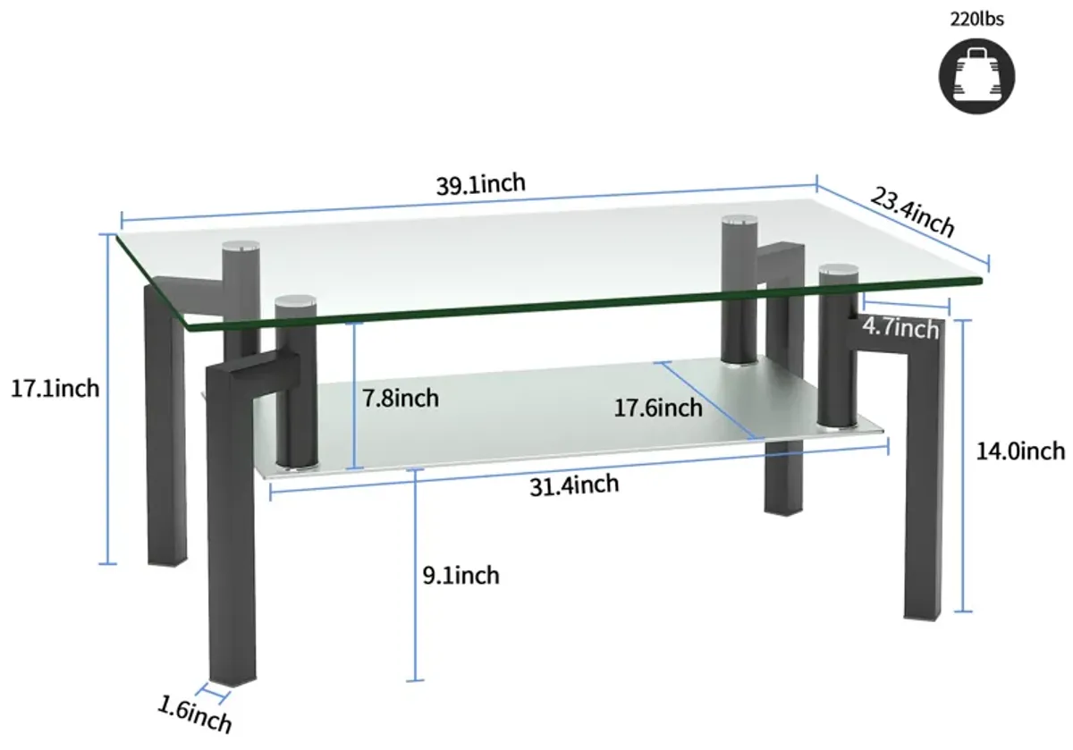 Hivvago Rectangular Double Layer Tempered Glass Coffee Table with Metal Legs