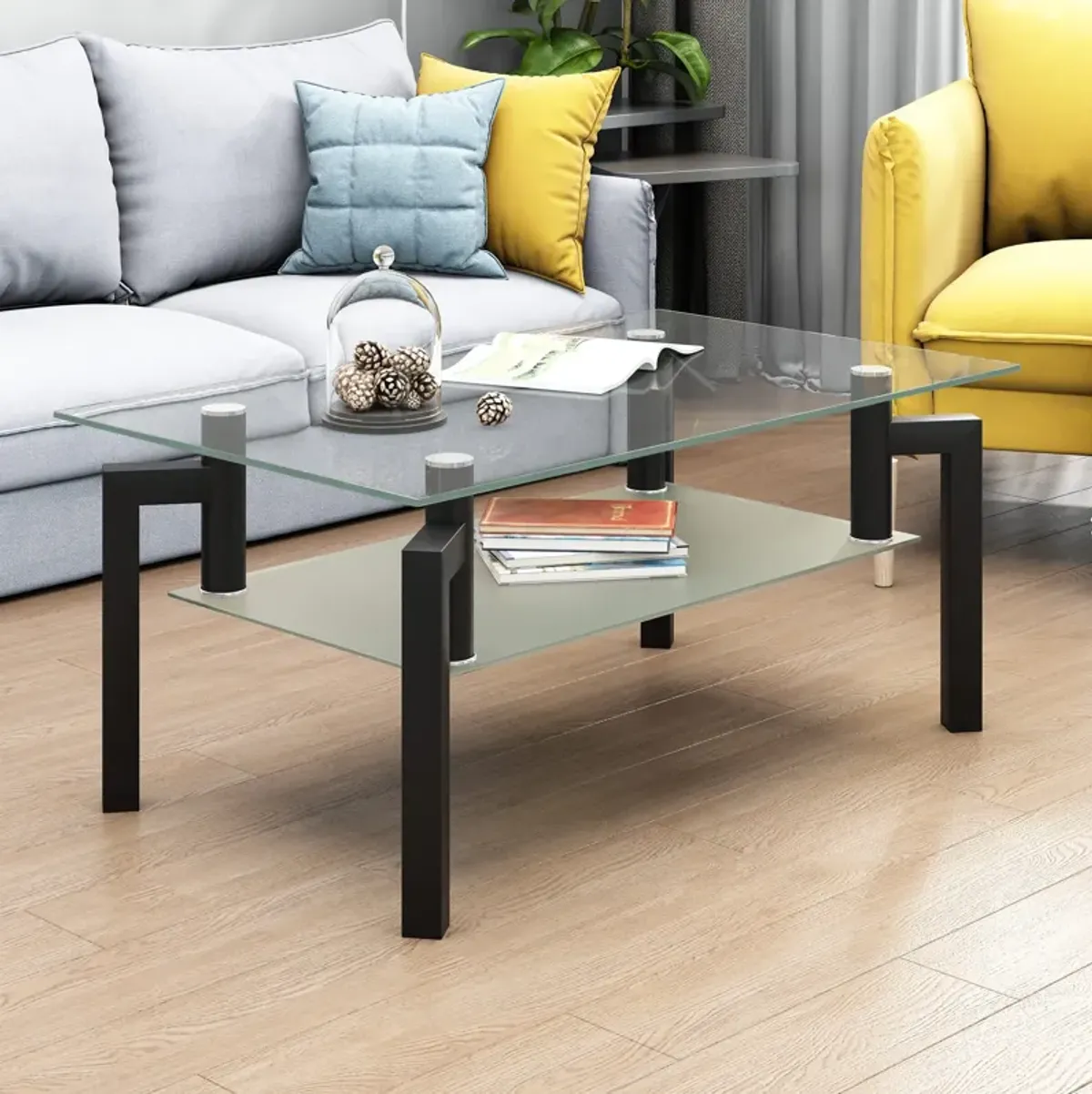 Hivvago Rectangular Double Layer Tempered Glass Coffee Table with Metal Legs