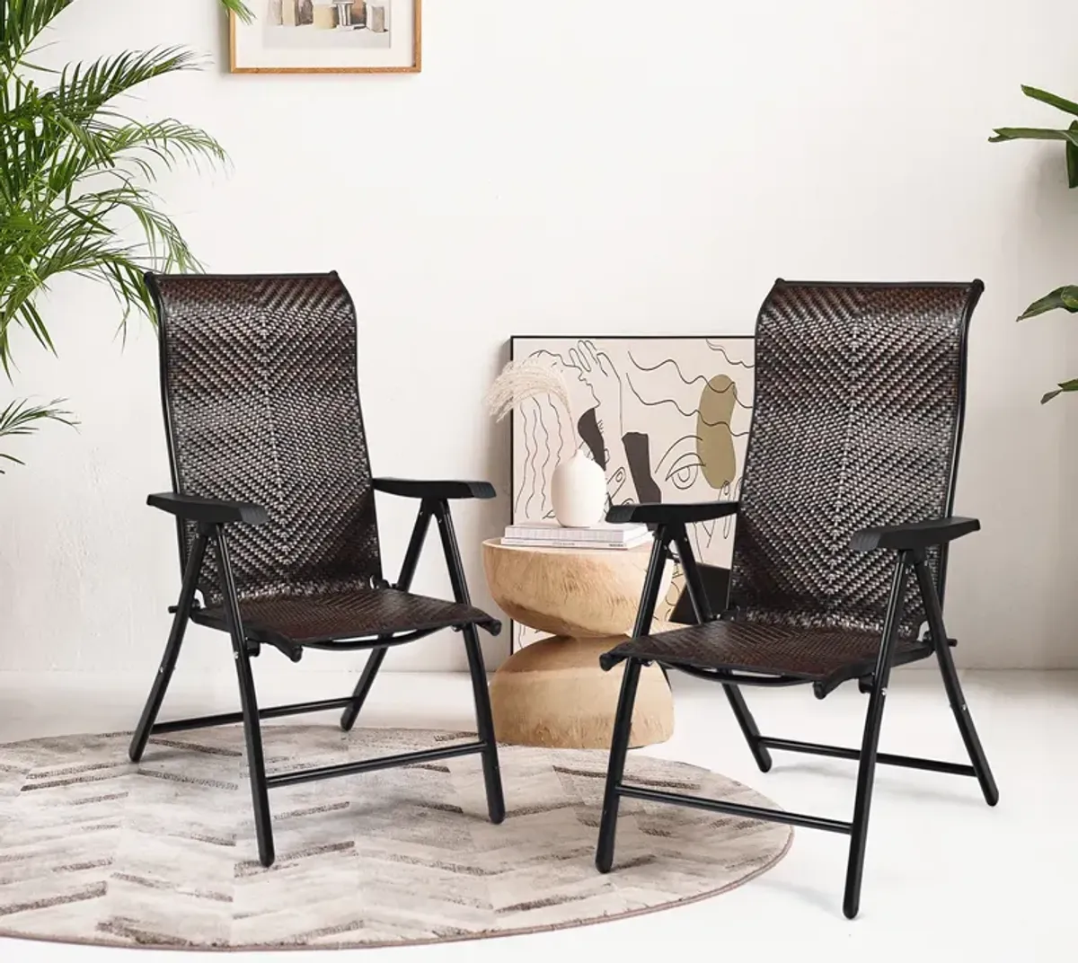 2 Pieces Patio Rattan Folding Reclining Chair