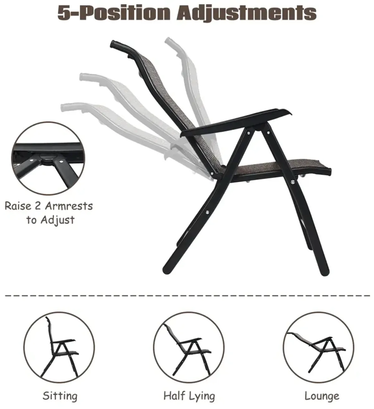 2 Pieces Patio Rattan Folding Reclining Chair