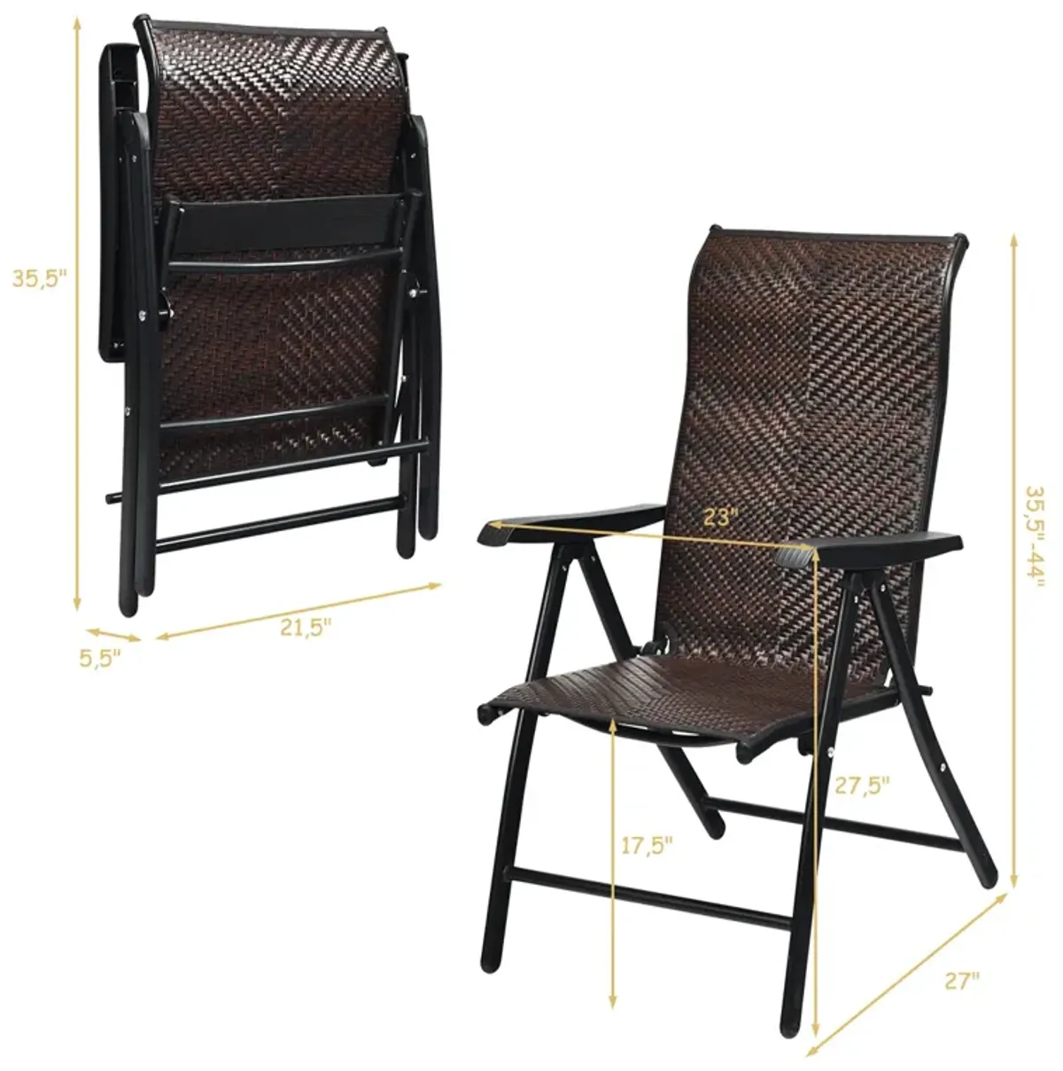 2 Pieces Patio Rattan Folding Reclining Chair