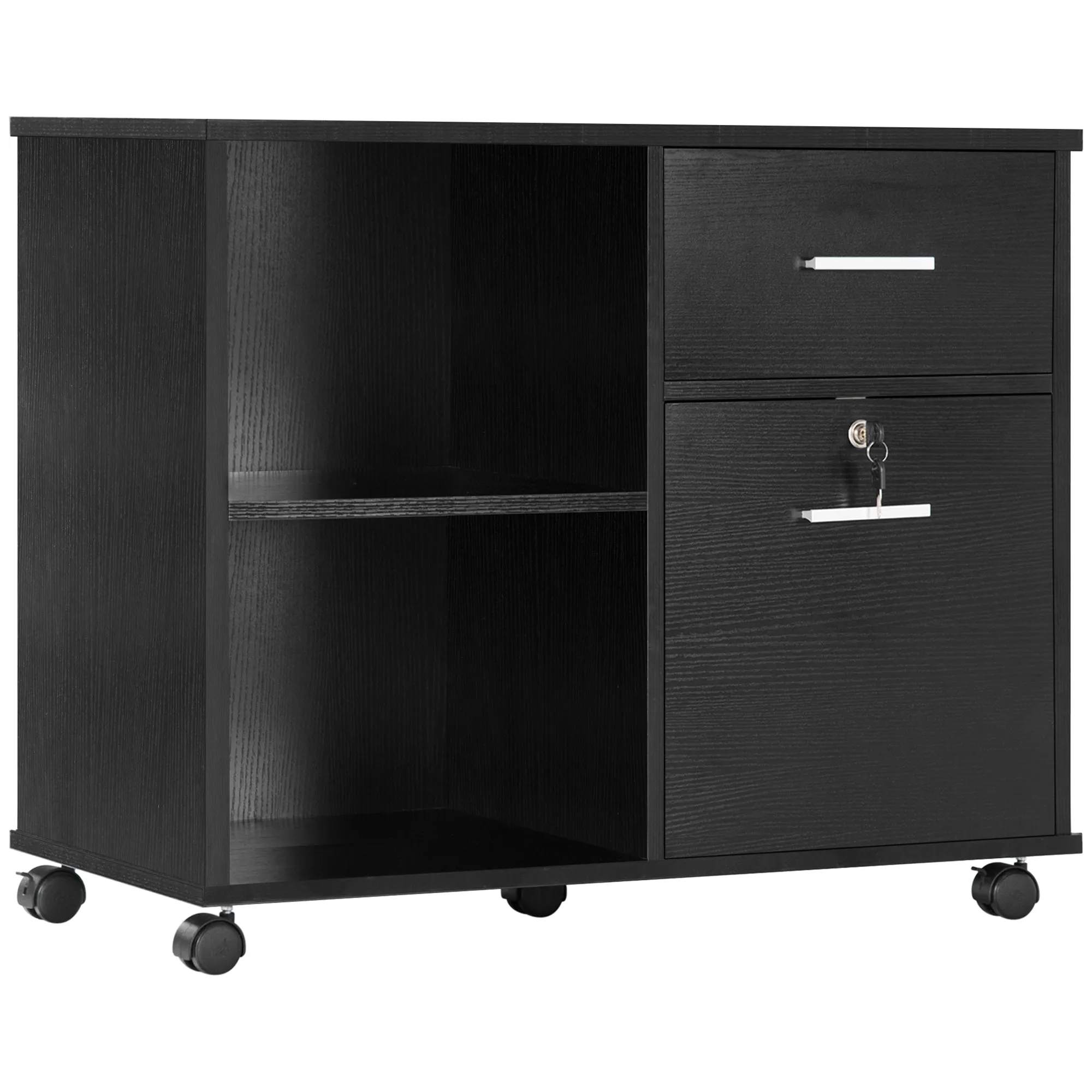 Black Mobile File Cabinet: Lateral file cabinet with wheels, mobile printer stand, open shelves, and drawers for A4 size documents.
