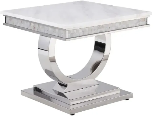 Zander End Table, White Printed Faux Marble & Mirrored Silver Finish