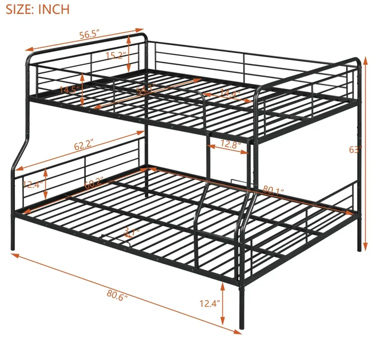 Full XL Over Queen Metal Bunk Bed, Black