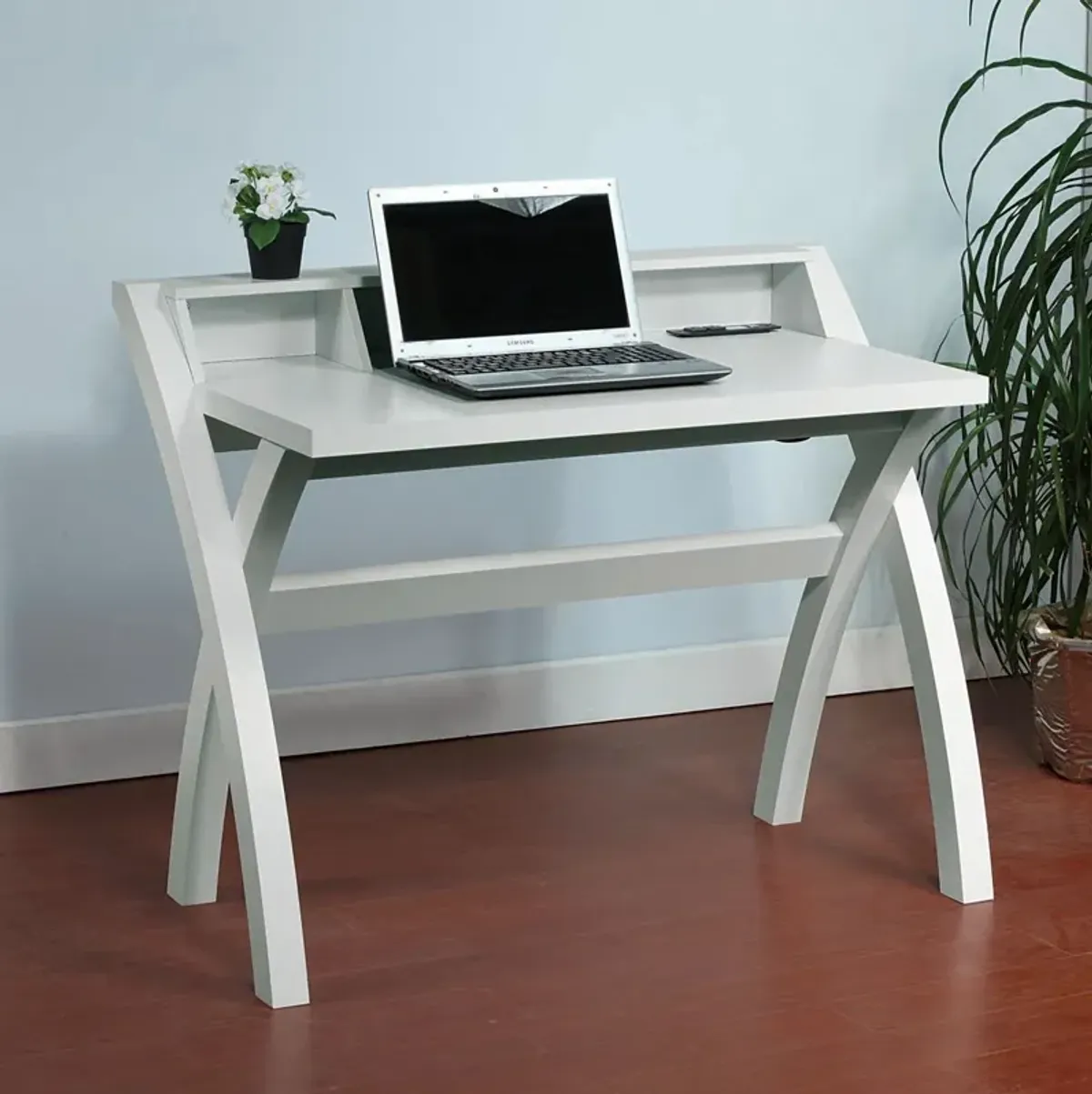 White Home Office Computer Desk with 3 Top Open Shelves & USB Port W/Outlet