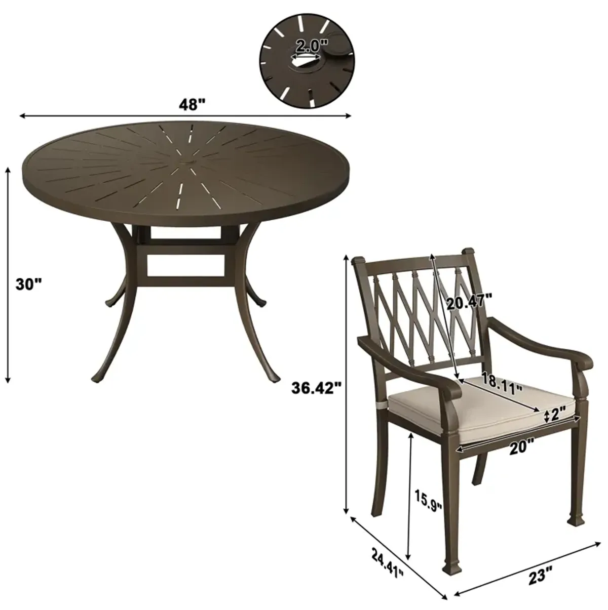 Mondawe 5 Pieces Cast Aluminum Outdoor Dining Set 4 Ergonomic Design Outdoor Chair with Cushions and 1 Round Table with 2.0 Inch Umbrella Hole