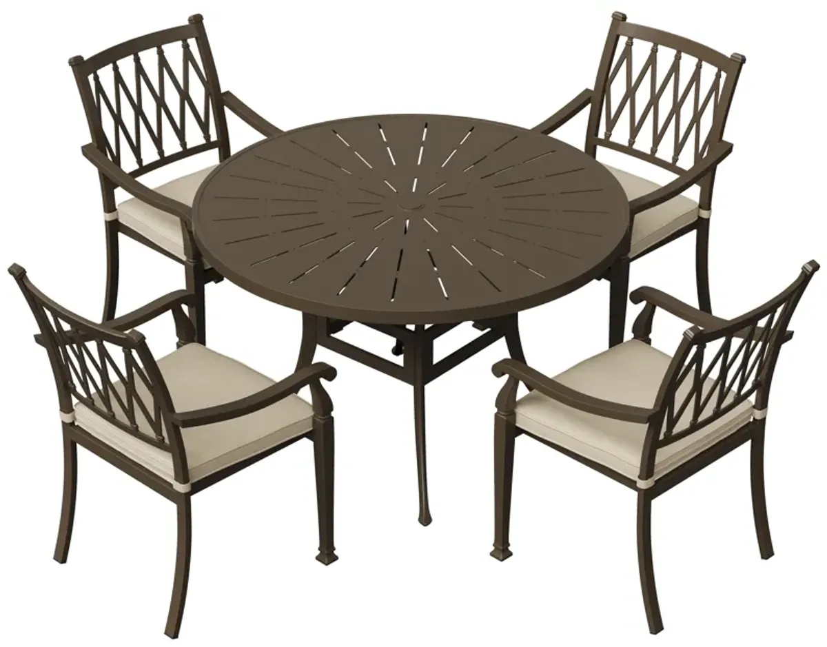 Mondawe 5 Pieces Cast Aluminum Outdoor Dining Set 4 Ergonomic Design Outdoor Chair with Cushions and 1 Round Table with 2.0 Inch Umbrella Hole