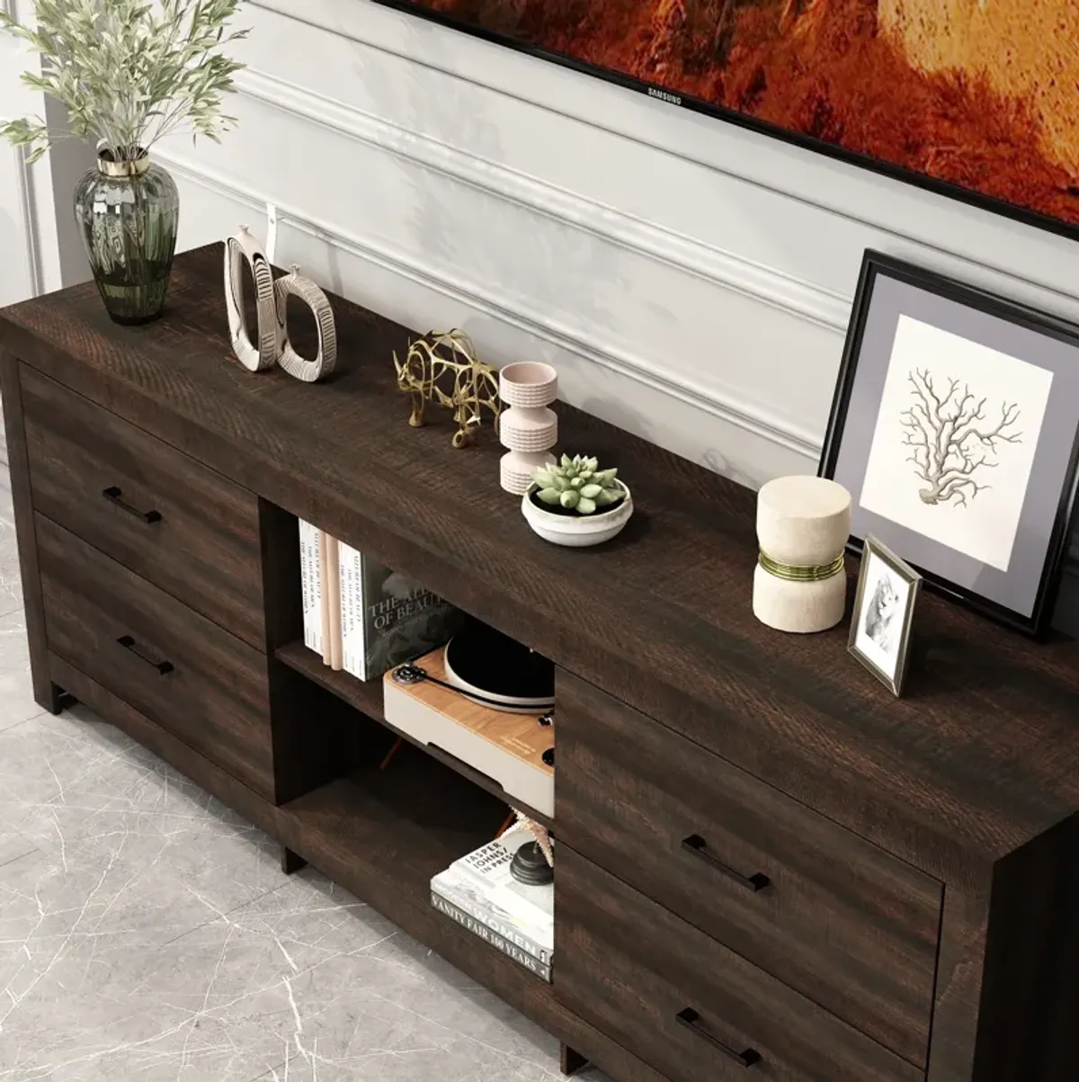 FUFU&GAGA Modern TV Stand with Drawers and Open Shelves, (70.8" W x 15.7" D x 25.6" H), White