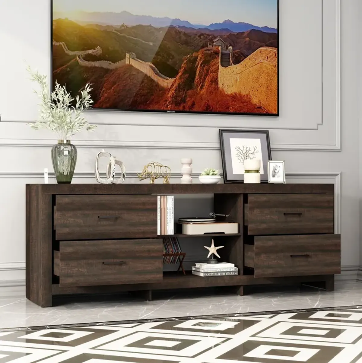 FUFU&GAGA Modern TV Stand with Drawers and Open Shelves, (70.8" W x 15.7" D x 25.6" H), White