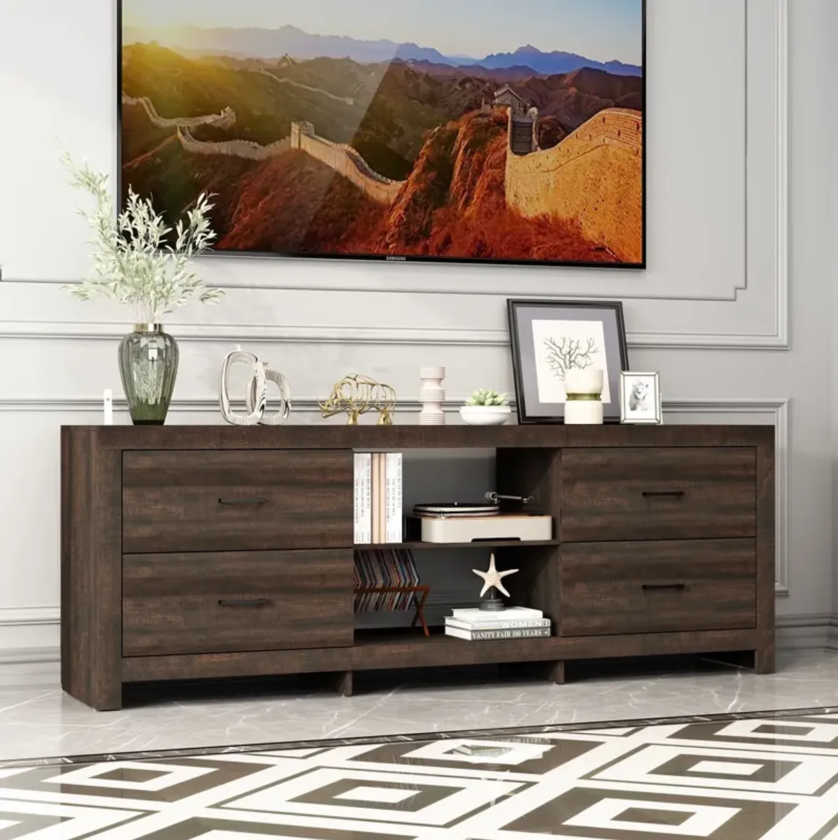 FUFU&GAGA Modern TV Stand with Drawers and Open Shelves, (70.8" W x 15.7" D x 25.6" H), White