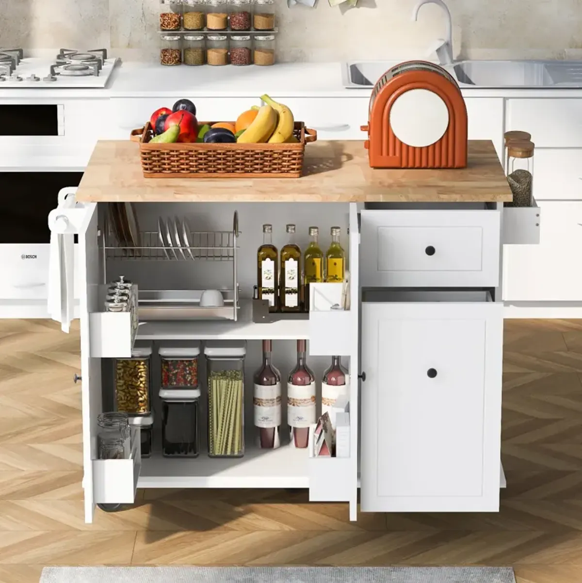 Rolling Kitchen Island Cart with Drop Leaf & Storage