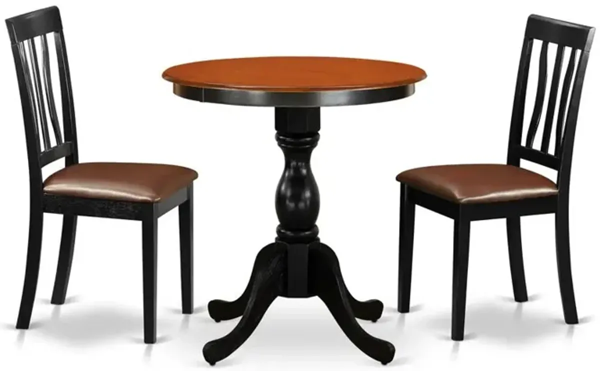 East West Furniture 3-Piece Dining Room Table Set Include a Dining Table and 2 Faux Leather Dining Chairs with Slatted Back - Black Finish