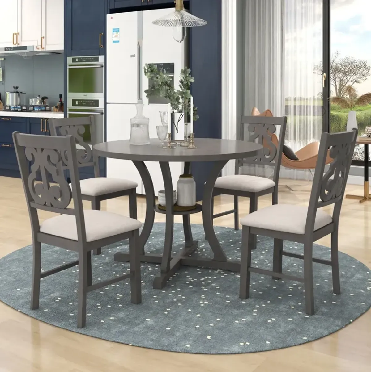 5-Piece Round Dining Table and Chair Set with Special-shaped Legs and an Exquisitely Designed Hollow Chair Back