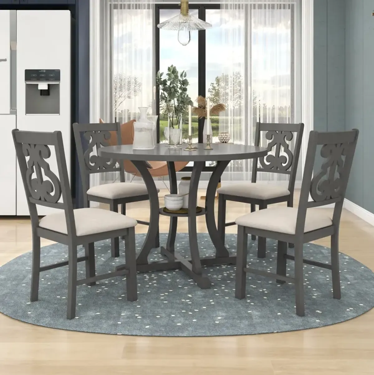 5-Piece Round Dining Table and Chair Set with Special-shaped Legs and an Exquisitely Designed Hollow Chair Back