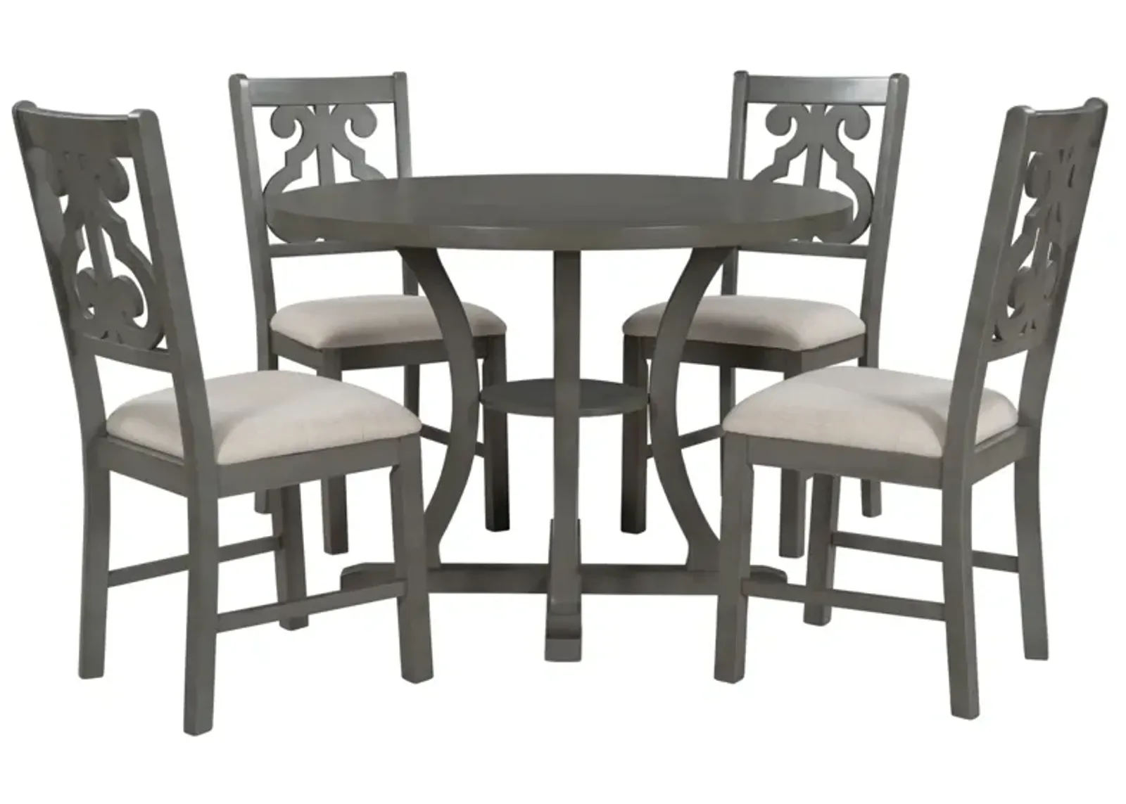 5-Piece Round Dining Table and Chair Set with Special-shaped Legs and an Exquisitely Designed Hollow Chair Back