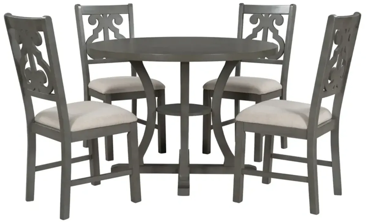 5-Piece Round Dining Table and Chair Set with Special-shaped Legs and an Exquisitely Designed Hollow Chair Back