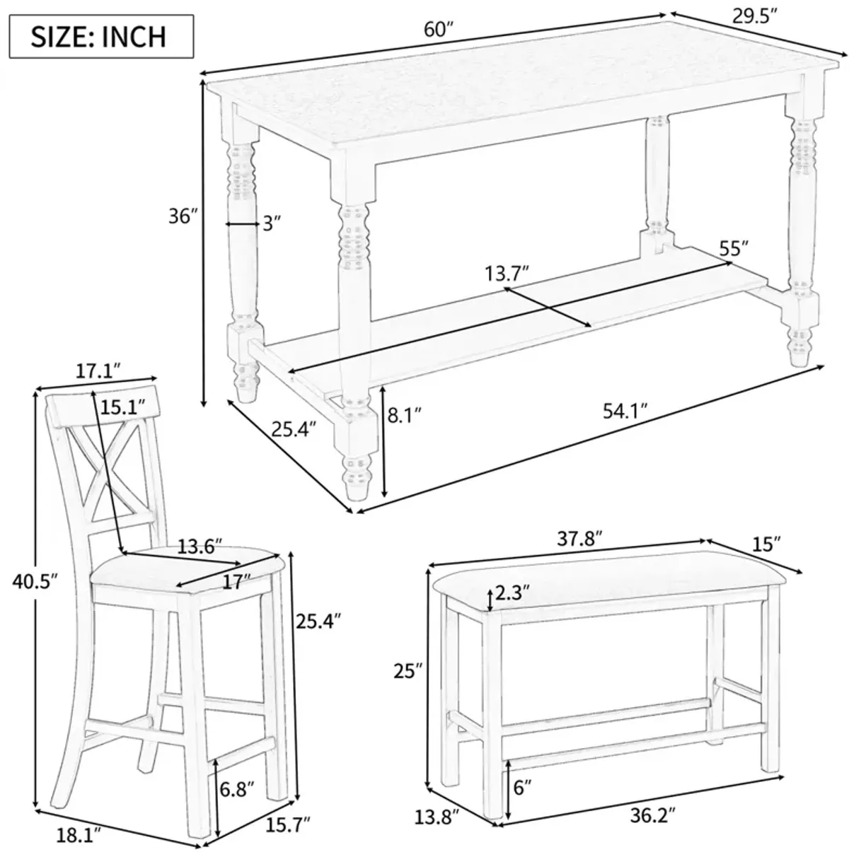 6-Piece Counter Height Dining Table Set Table with Shelf 4 Chairs and Bench