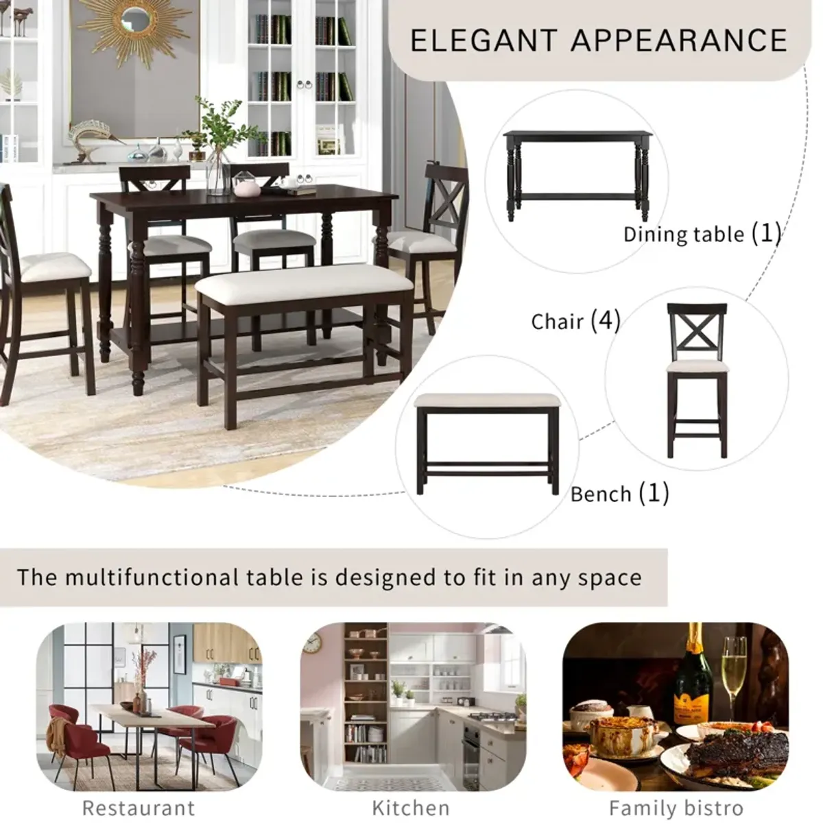 6-Piece Counter Height Dining Table Set Table with Shelf 4 Chairs and Bench