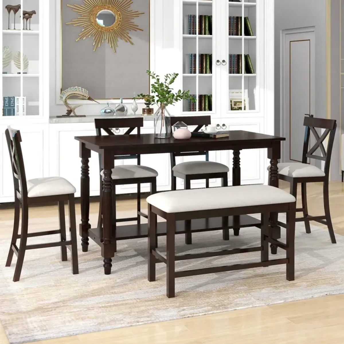 6-Piece Counter Height Dining Table Set Table with Shelf 4 Chairs and Bench