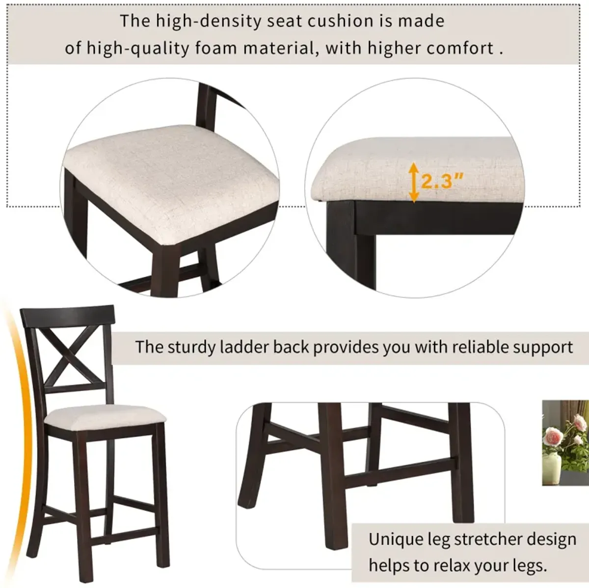 6-Piece Counter Height Dining Table Set Table with Shelf 4 Chairs and Bench