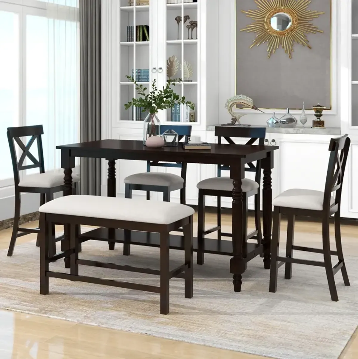 6-Piece Counter Height Dining Table Set Table with Shelf 4 Chairs and Bench