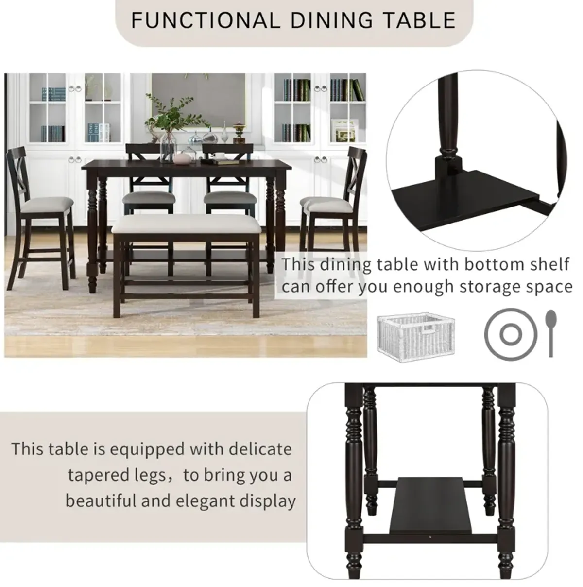 6-Piece Counter Height Dining Table Set Table with Shelf 4 Chairs and Bench