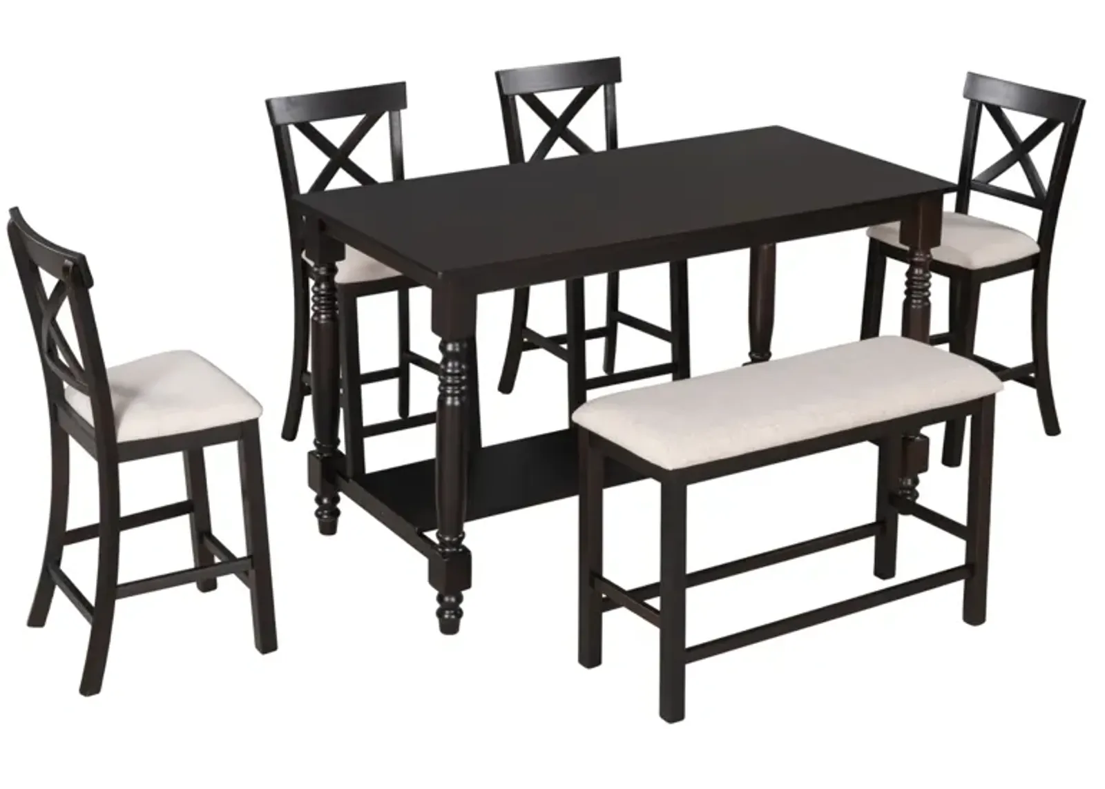 6-Piece Counter Height Dining Table Set Table with Shelf 4 Chairs and Bench