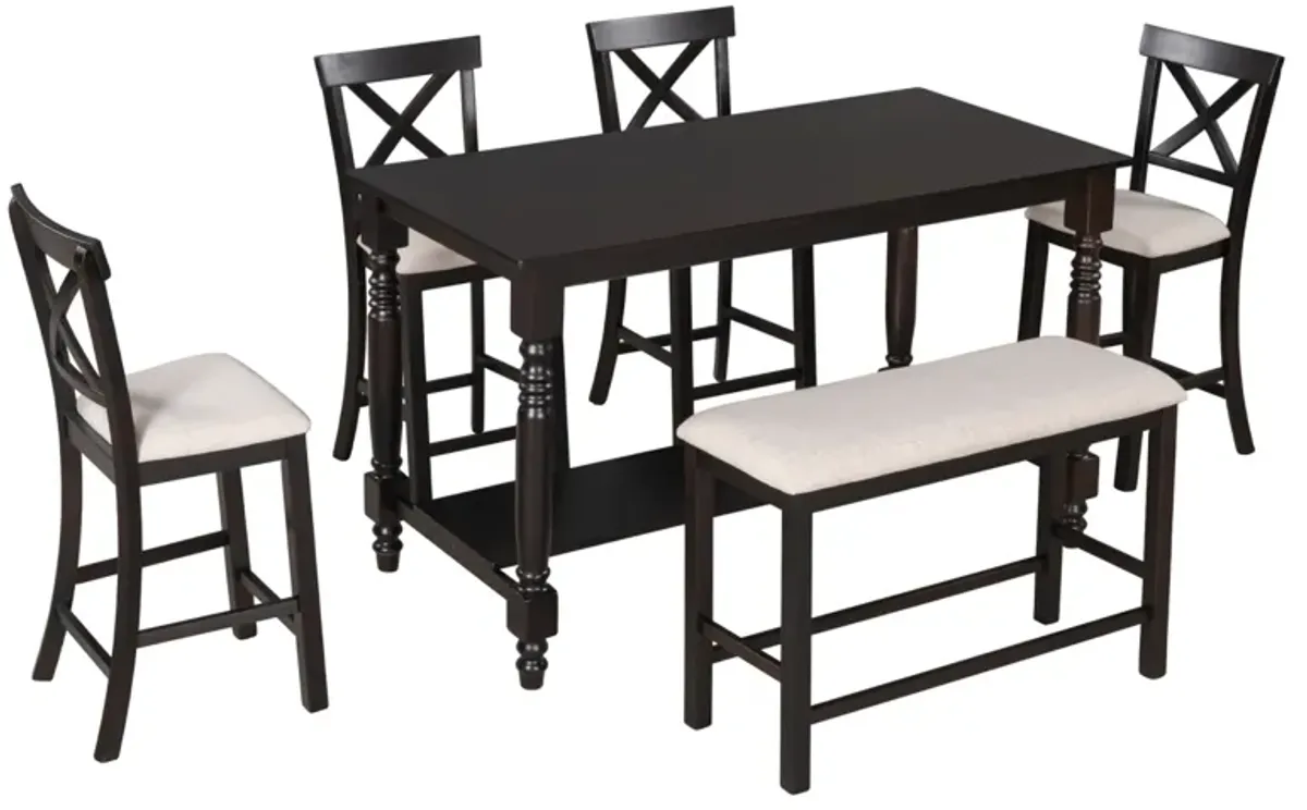 6-Piece Counter Height Dining Table Set Table with Shelf 4 Chairs and Bench