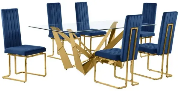 7pc Small(78") glass dining set with gold base and 6 Navy blue side chairs