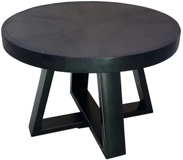 Benjara Raj 24 Inch Round Coffee Table, Cross Leg Design, Black Acacia Wood, Iron
