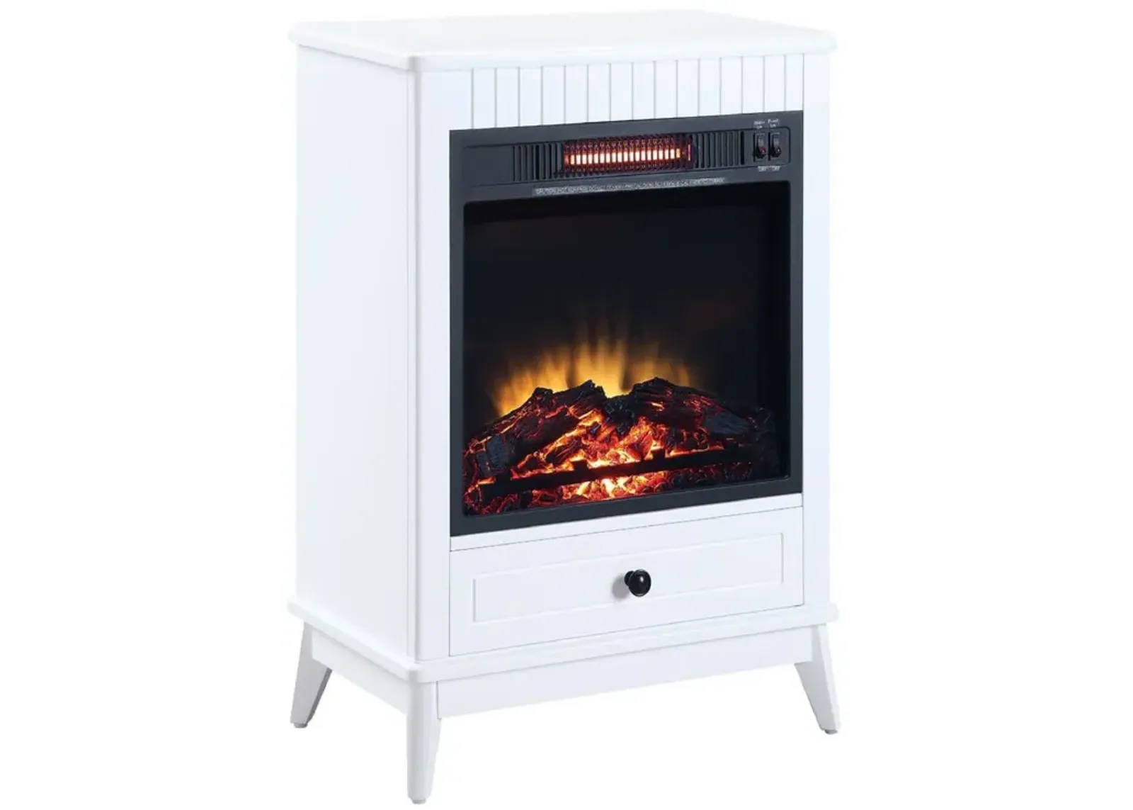 Etu 32 Inch Wood End Table with LED Electric Fireplace, 1 Drawer, White-Benzara