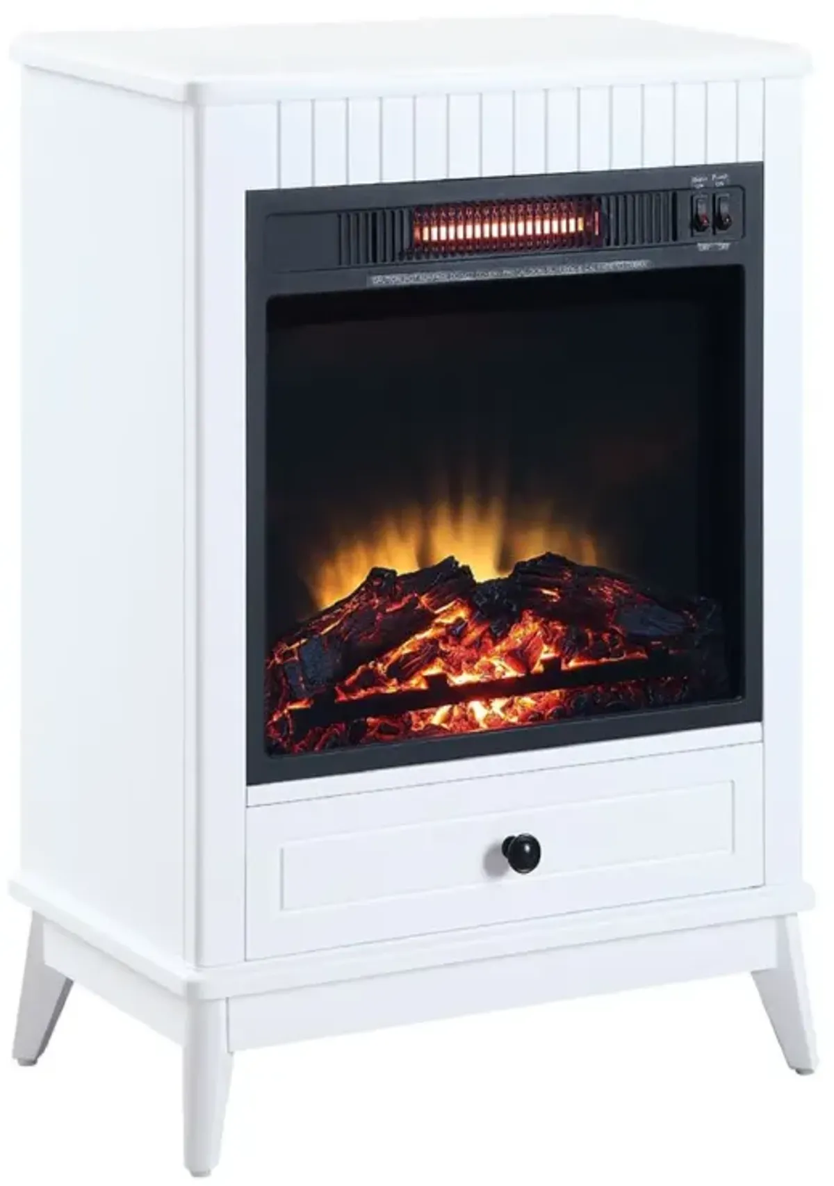 Etu 32 Inch Wood End Table with LED Electric Fireplace, 1 Drawer, White-Benzara