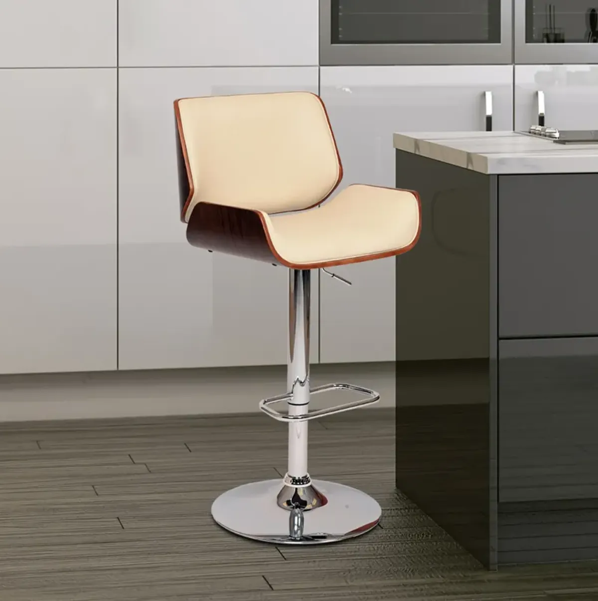 London Cream Faux Leather Adjustable Height Swivel Walnut Wood and Chrome Stool