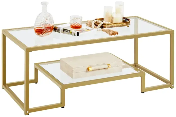 Yaheetech Gold Coffee Table, 42"" Rectangular Glass Coffee Table for Living Room, 2-Tier Center Tea Table with Metal Frame for S