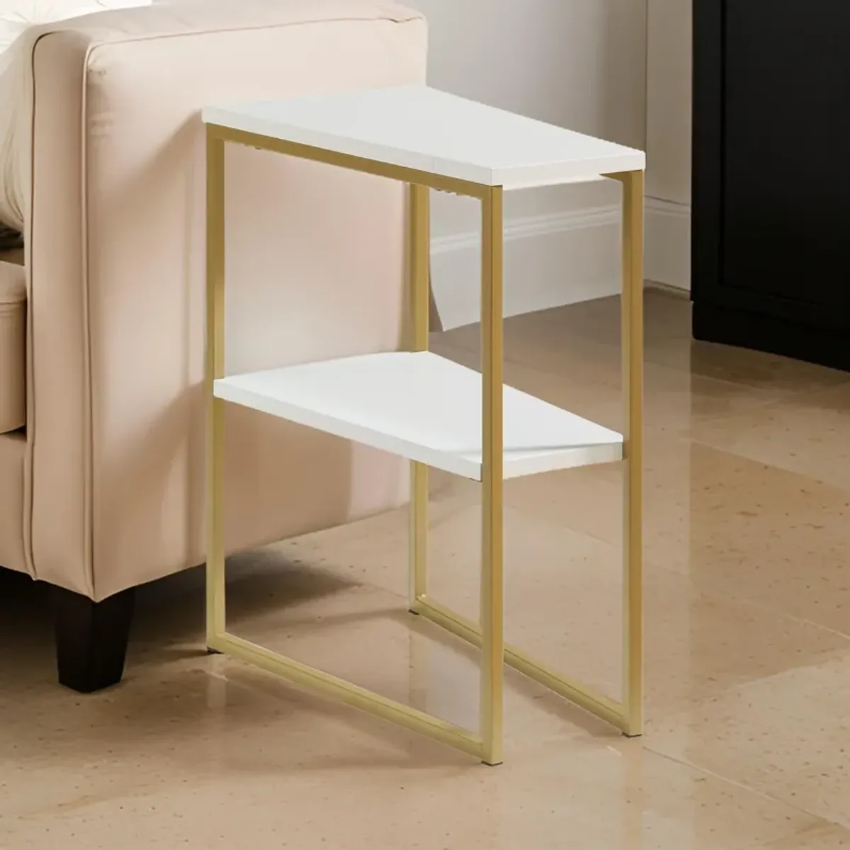 Bery 24 Inch Chairside Table, 2 Shelves, Gold Metal Frame, White Finish - Benzara