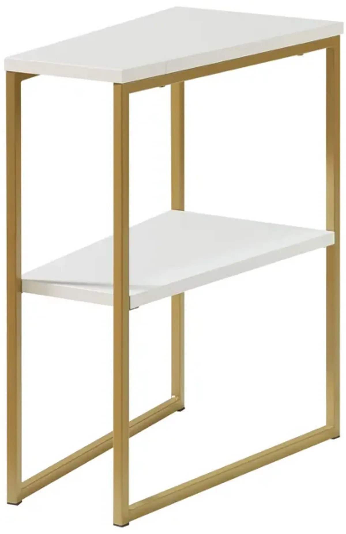 Bery 24 Inch Chairside Table, 2 Shelves, Gold Metal Frame, White Finish - Benzara