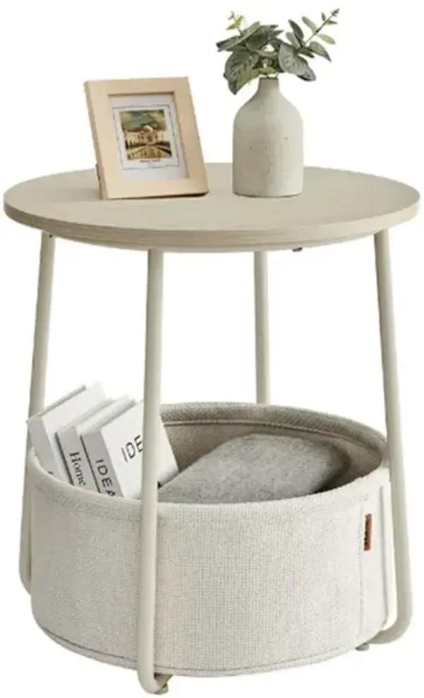 Bedside End Table with Fabric Bin – Small Accent Table with Storage Basket for Books, Blankets or Remotes