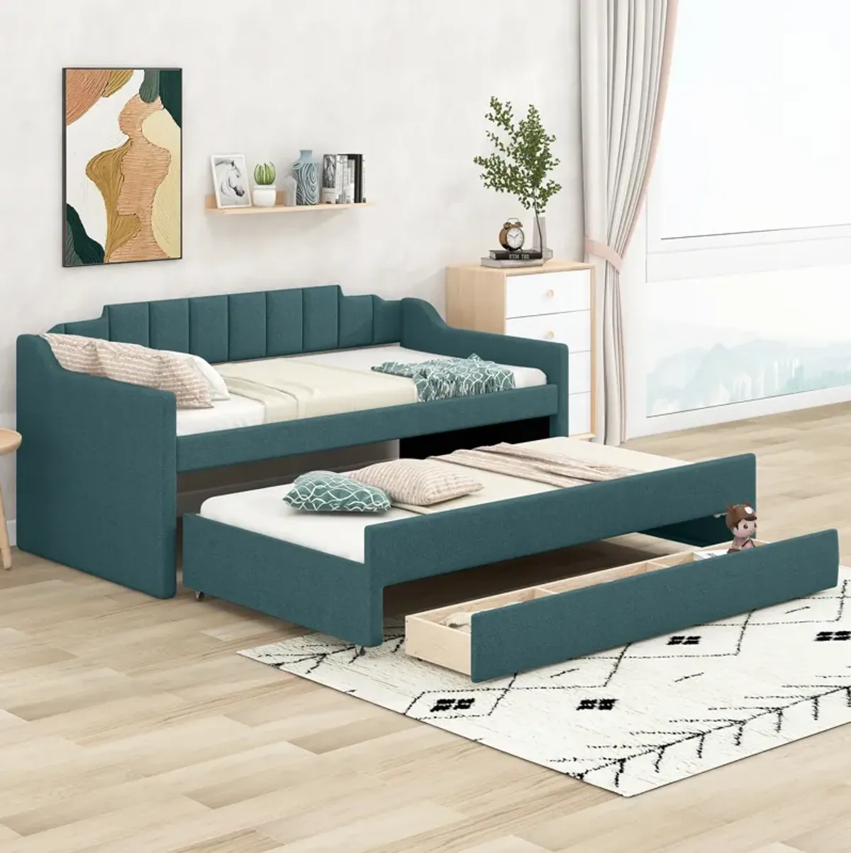 Whisen Morden Design Twin Size Upholstered Daybed with Trundle and Three Drawers