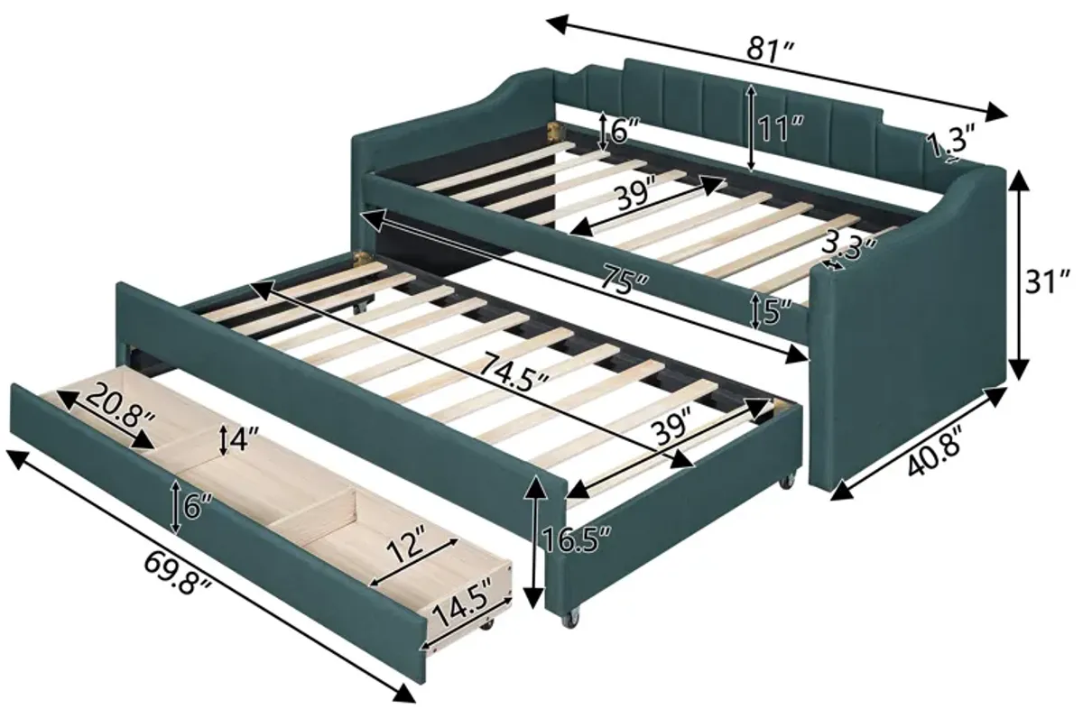 Whisen Morden Design Twin Size Upholstered Daybed with Trundle and Three Drawers
