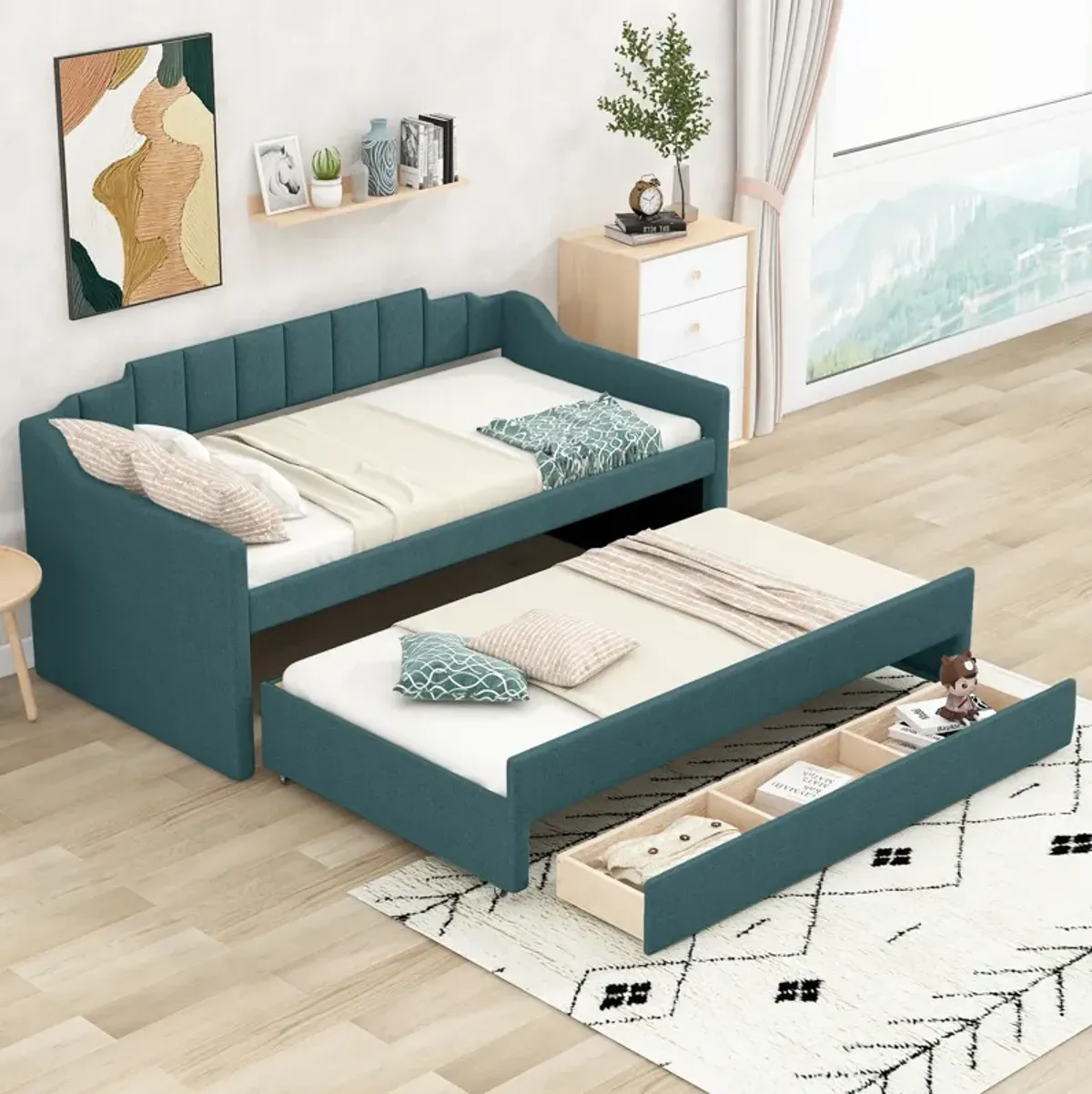 Whisen Morden Design Twin Size Upholstered Daybed with Trundle and Three Drawers