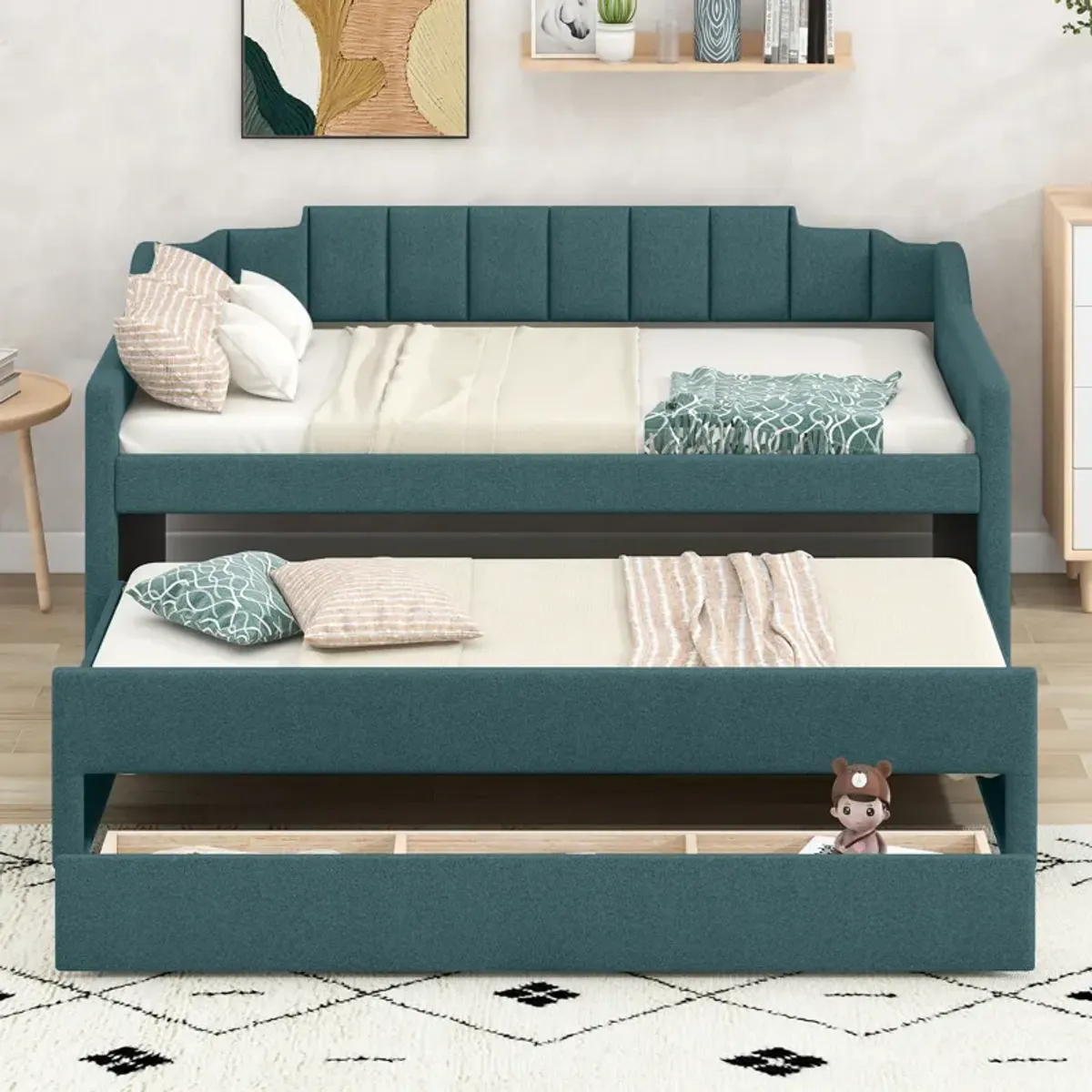 Whisen Morden Design Twin Size Upholstered Daybed with Trundle and Three Drawers