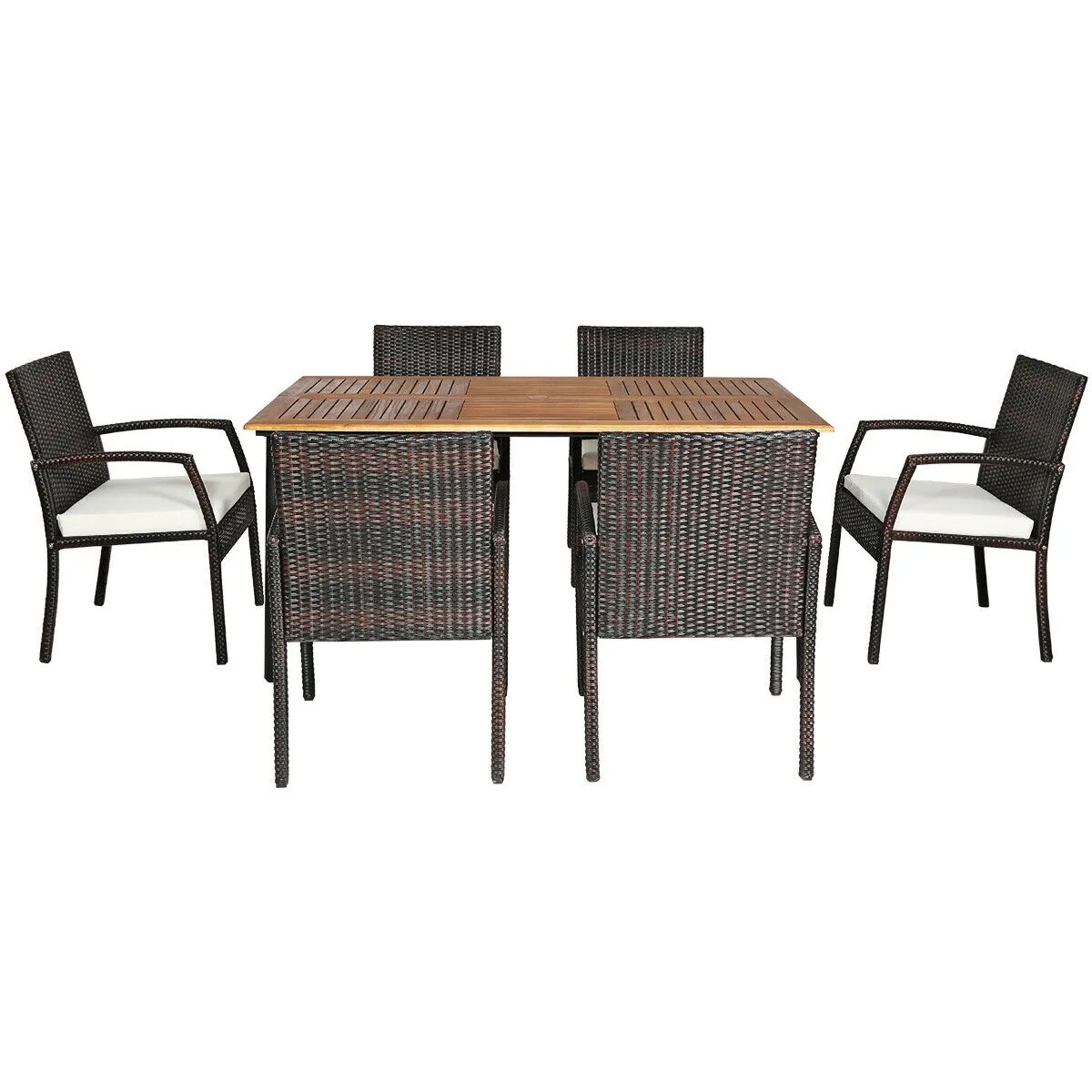 7Pcs Patio Rattan Cushioned Dining Set with Umbrella Hole