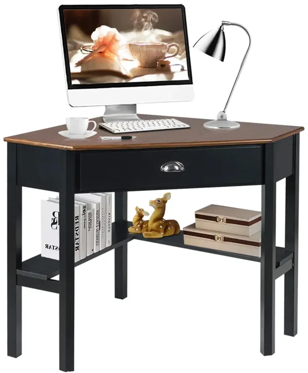 Costway Triangle Computer Desk Corner Office Desk Laptop Table w/ Drawer Shelves Rustic Brown