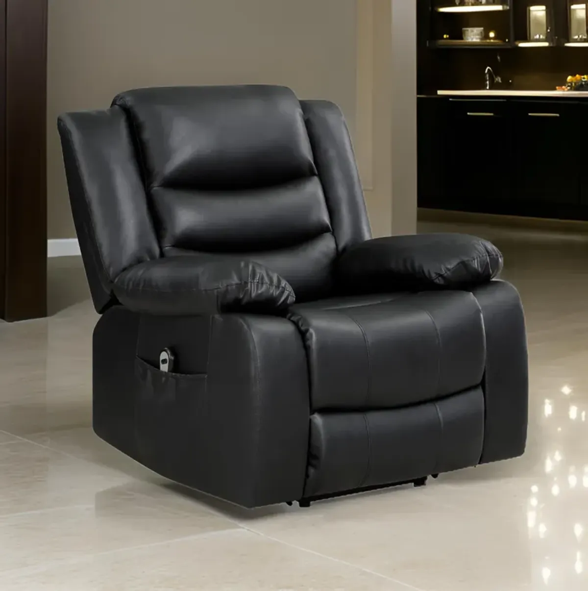 Carry 39 Inch Power Lift Recliner Chair, Black Faux Leather, Solid Wood - Benzara