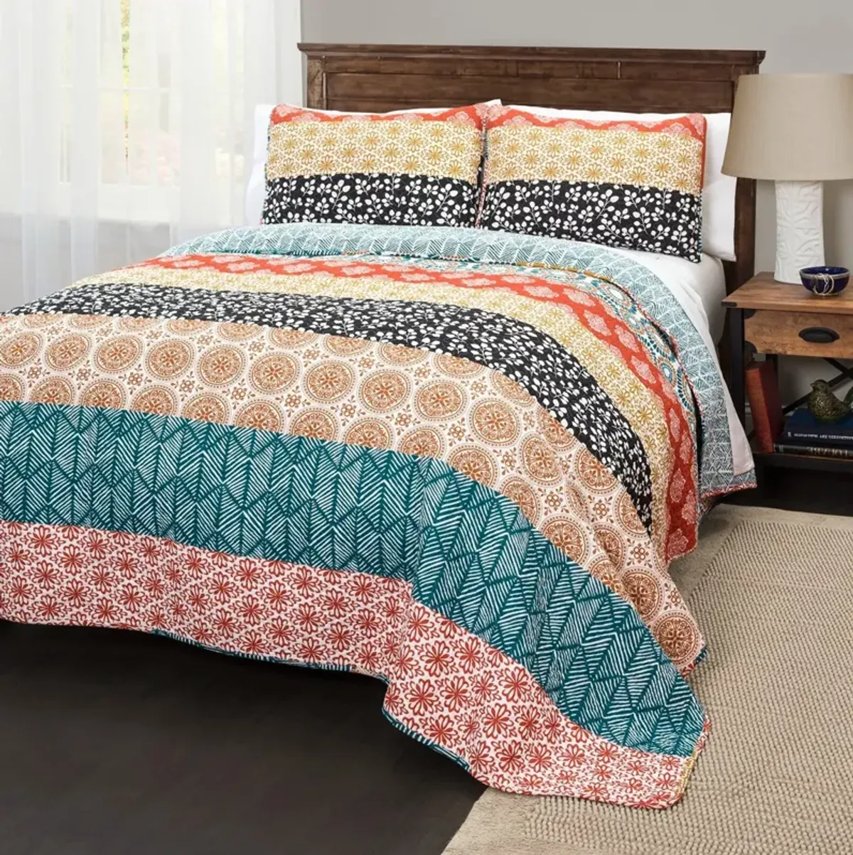 Cotton 3-Piece Reversible Bohemian Stripe Quilt Set for Cozy and Colorful Bedding