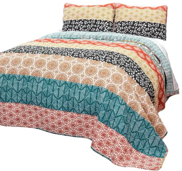 Cotton 3-Piece Reversible Bohemian Stripe Quilt Set for Cozy and Colorful Bedding