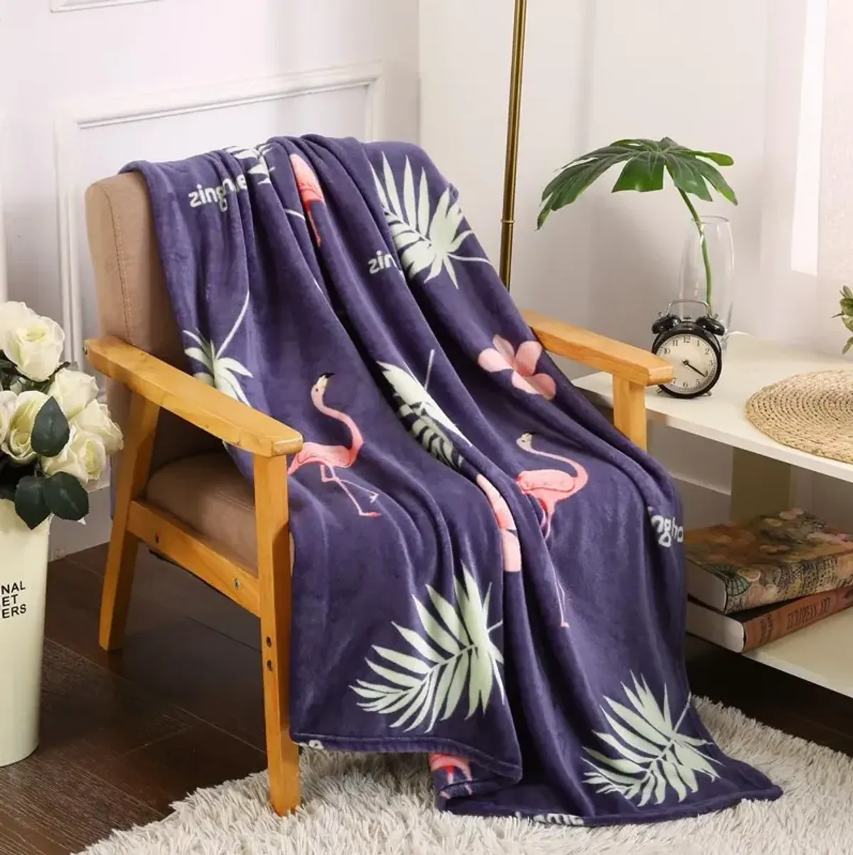 Plazatex Holiday Navy Flamingo Design Micro Plush Throw Blanket - 50x60", Multicolor